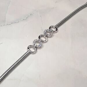 Silver Tone Flat Snake Chain Bracelet Rhinestone Embellishments